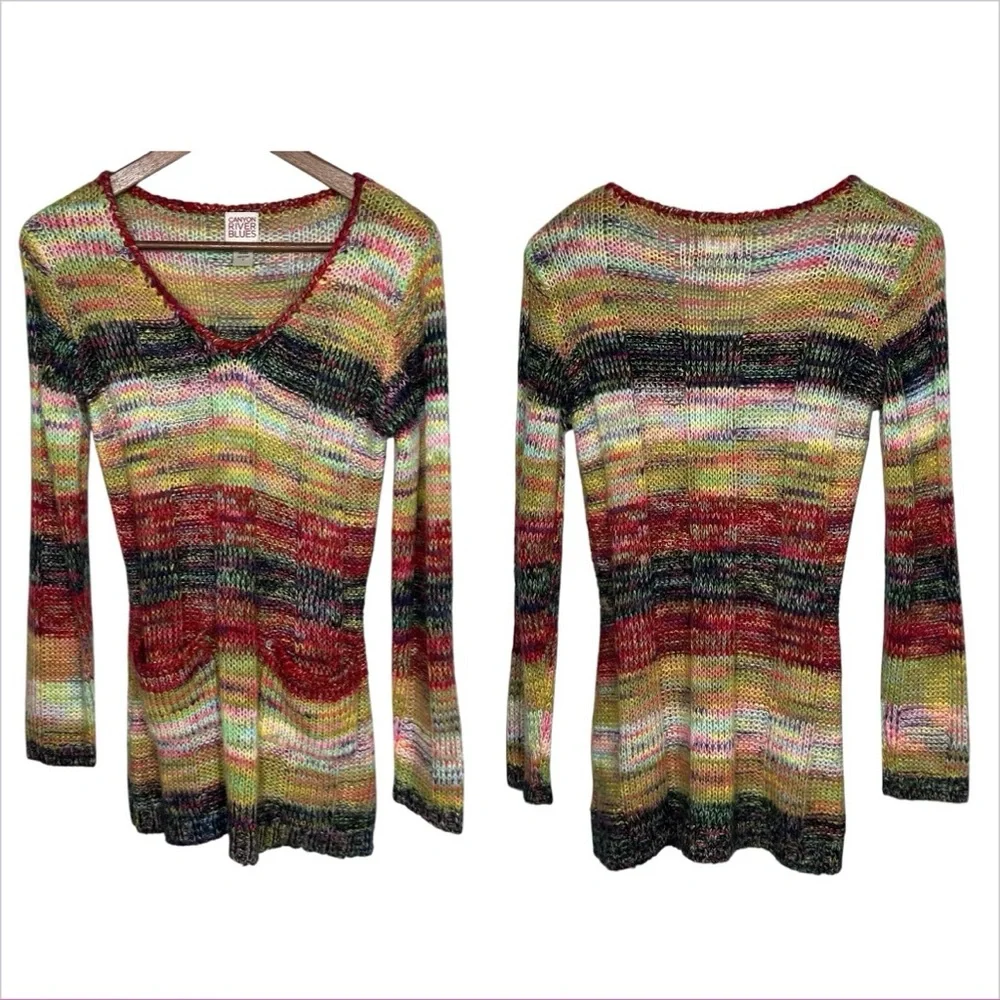 Vtg Y2K Rainbow Striped Tunic Sweater Sz S V Neck Hippie Indie Boho‎